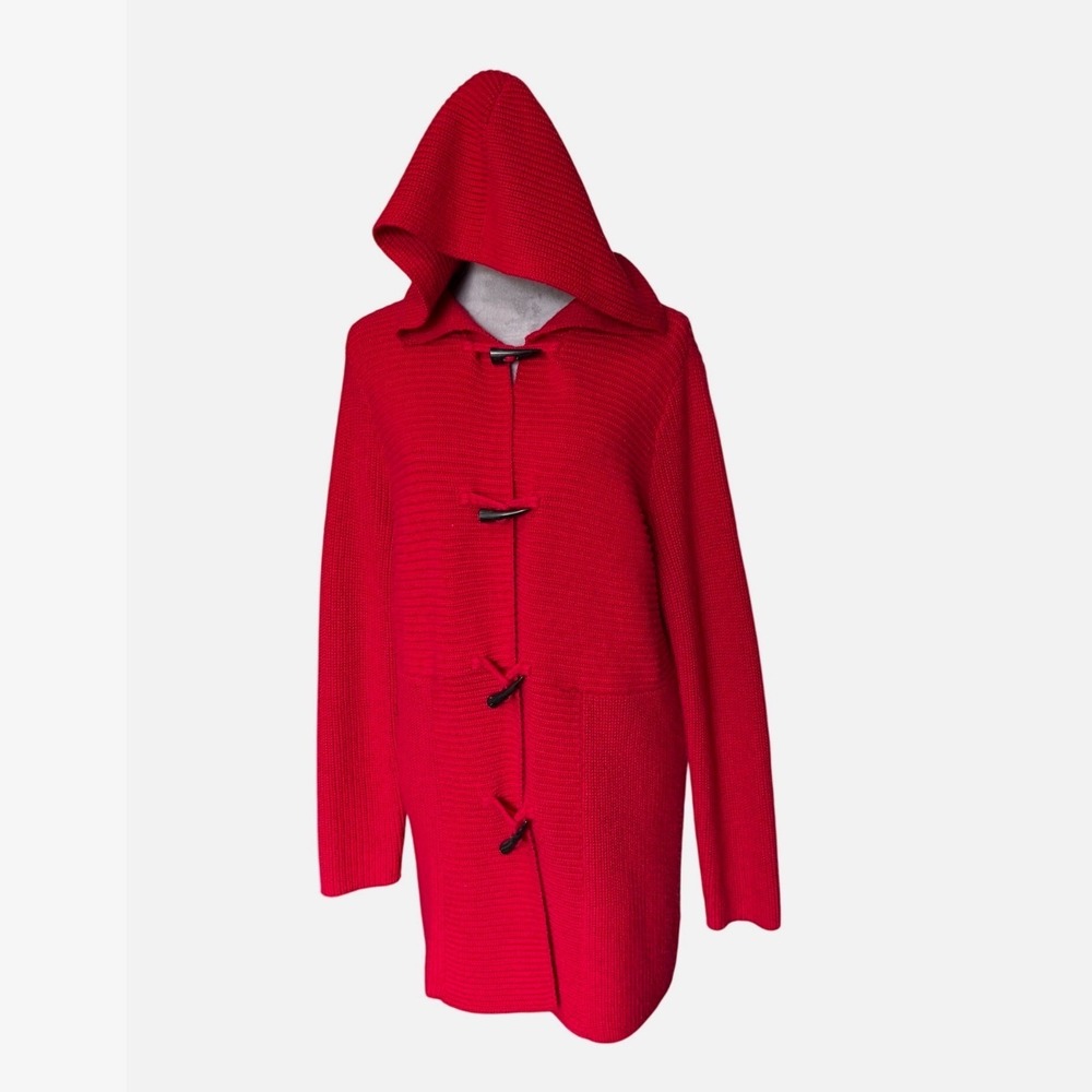 Chaps Womens Red Hooded Toggle Front Cardigan Sweater Size M Longline Knit
